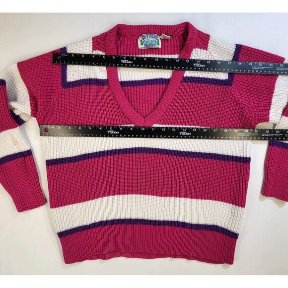 Vtg V-Neck Pink White Striped Sweater Women M Retro Sky Blue Waters Acrylic 80s - Picture 5 of 6